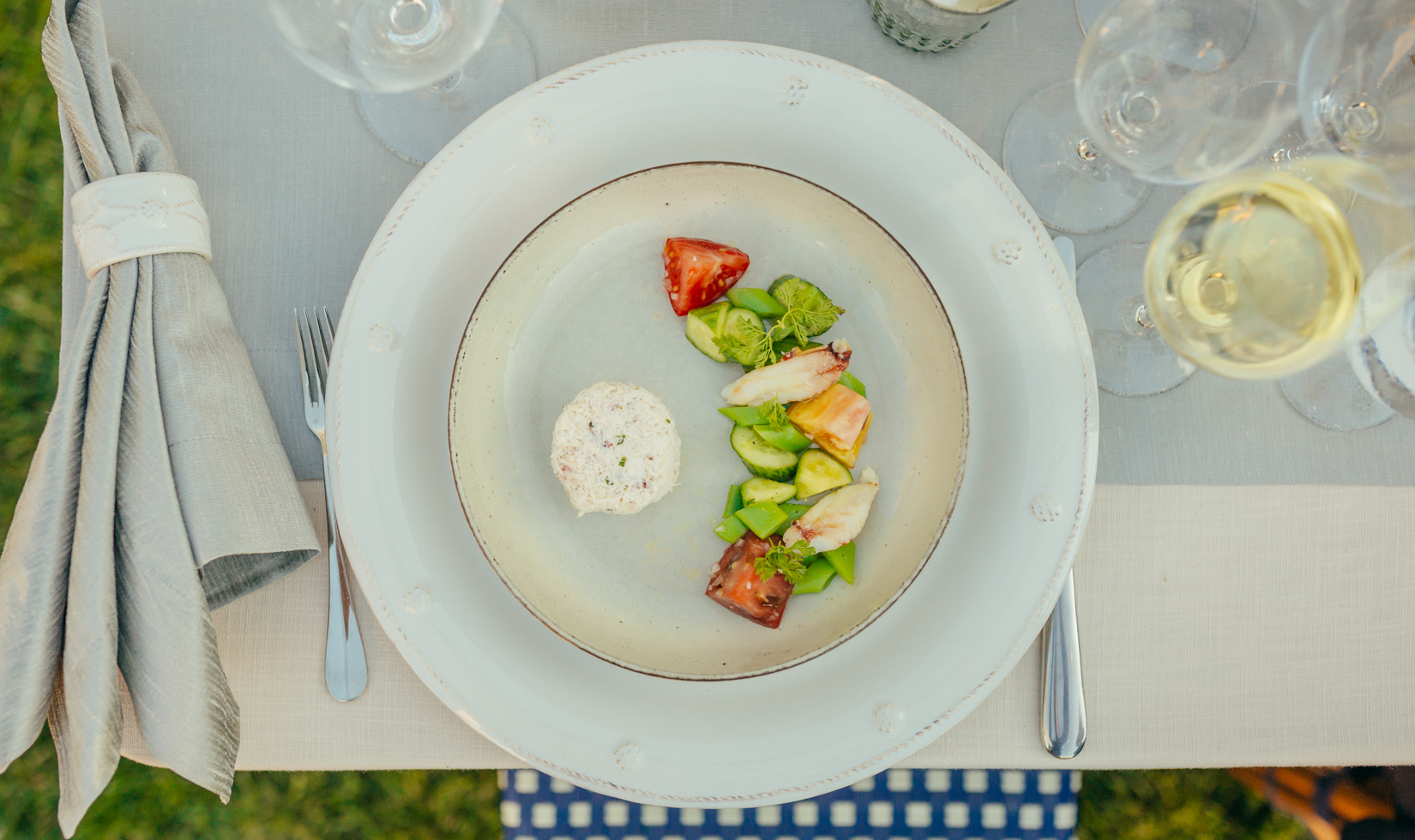 overhead photo of plated vegetable course for the starlight supper