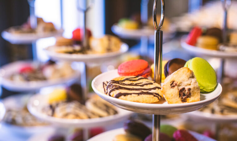 small cookies on tiered platters