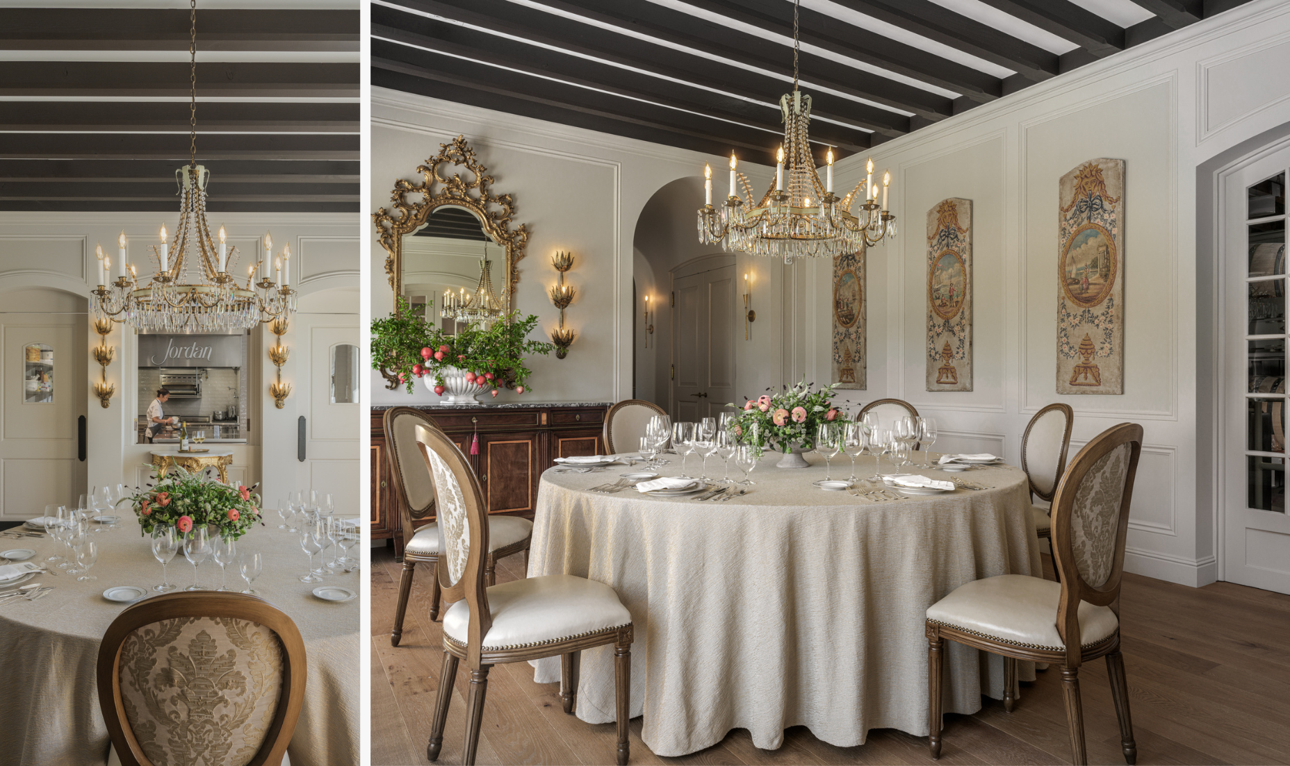 two images of a French-inspired neutral and formal dining room with a six-top table and intricate furnishings 