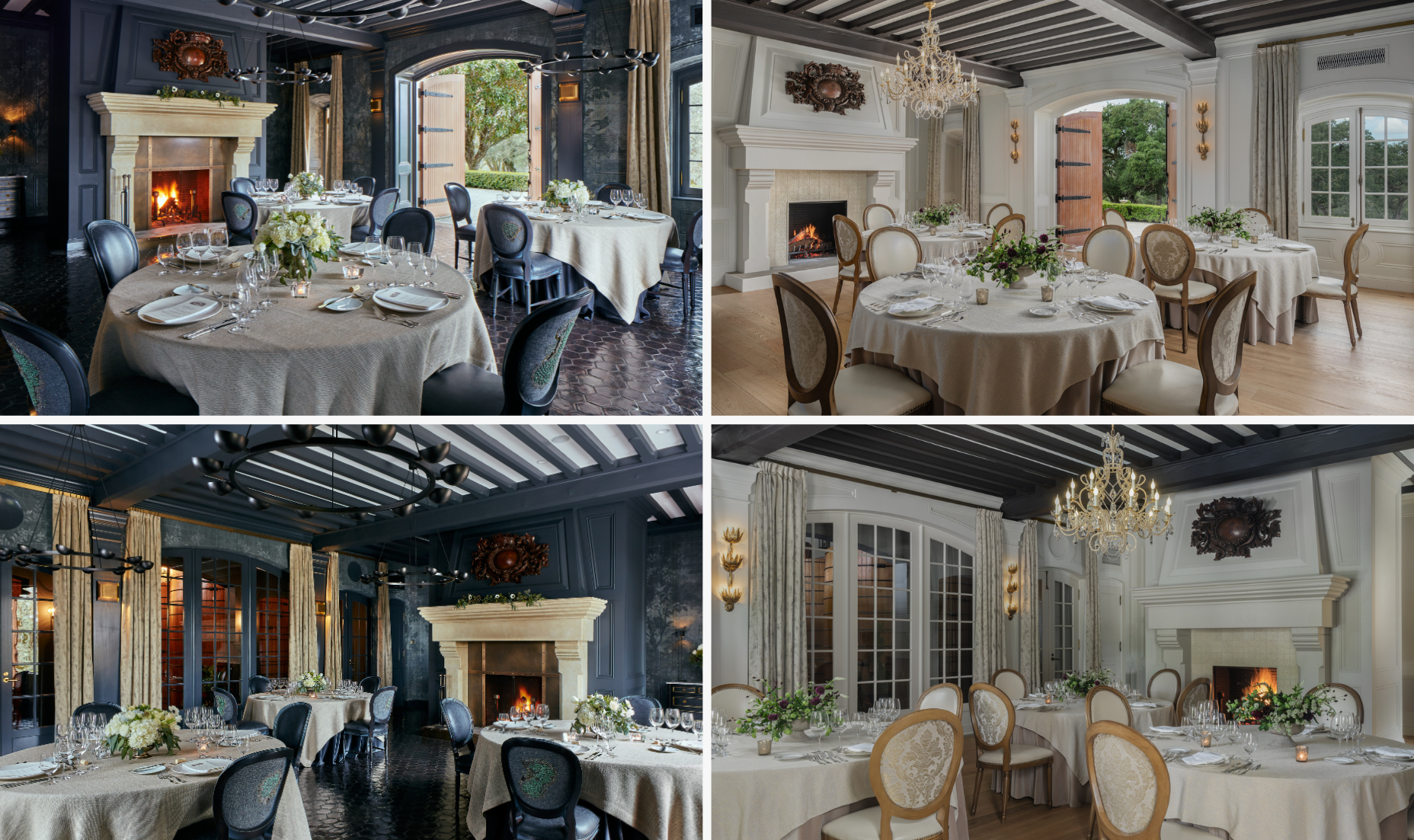 before and after images of a dark formal dining room and a neutral, bright and French-inspired dining room with large tables and intricate decor.