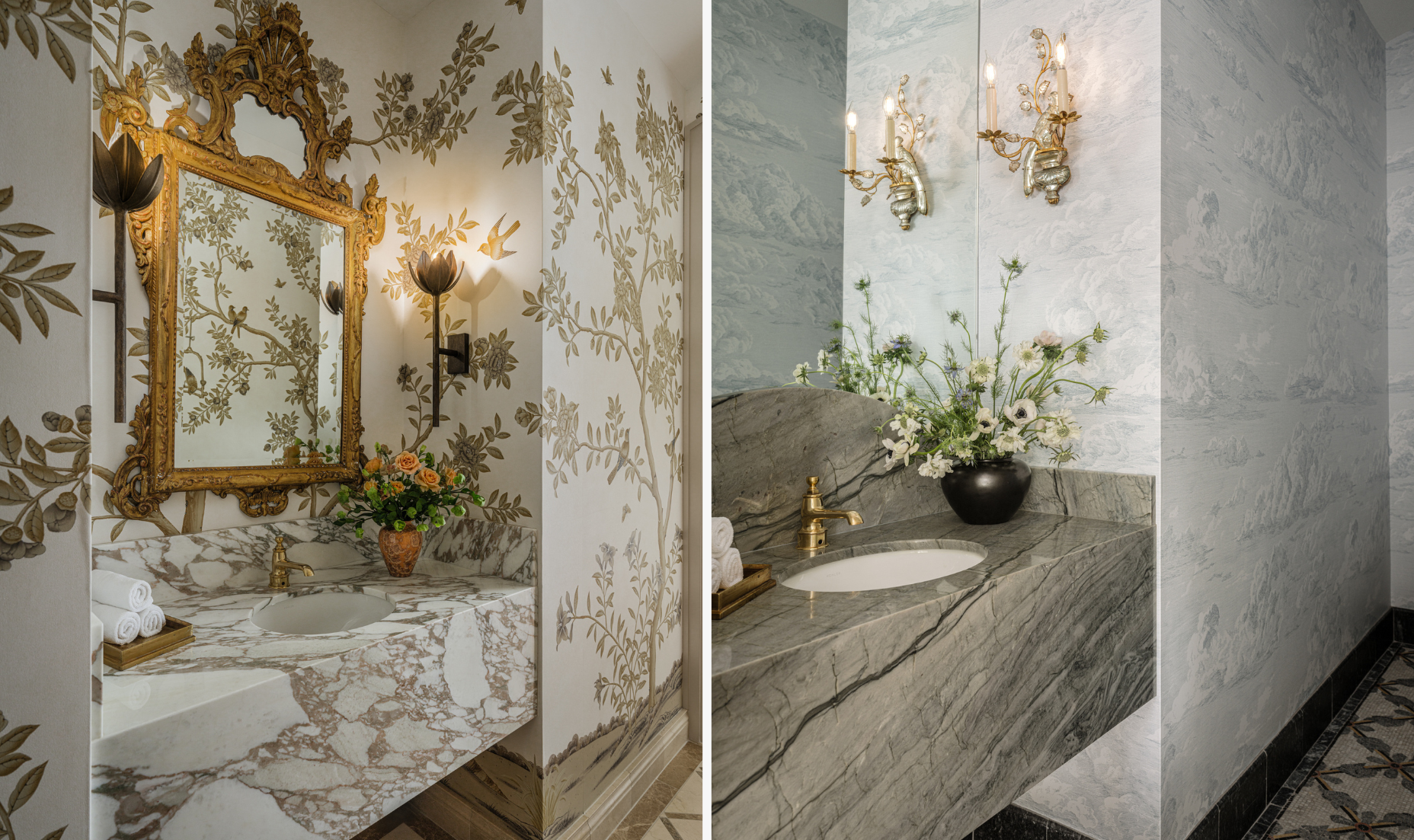 collage of two bathroom scenes featuring elaborate wallpaper and intricate mirrors and sconces