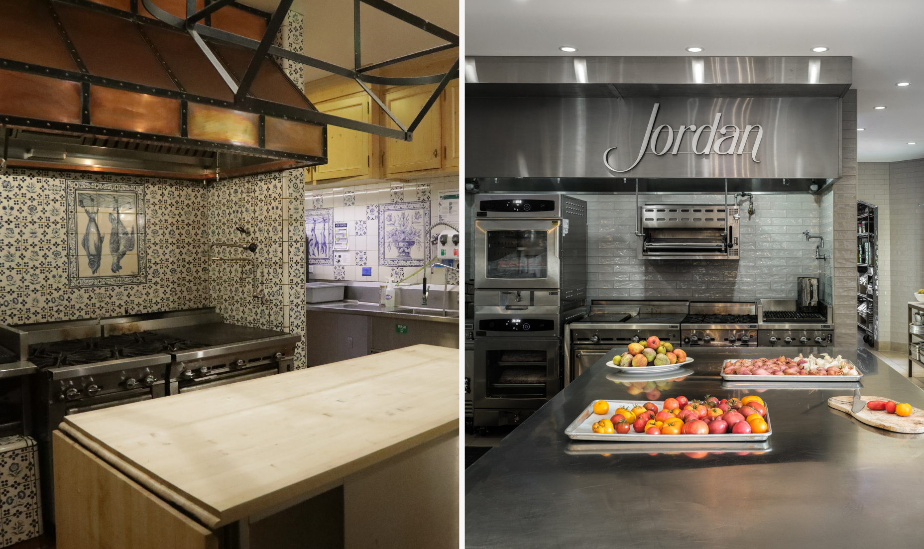 Before and after photographs of the Jordan Winery Kitchen.